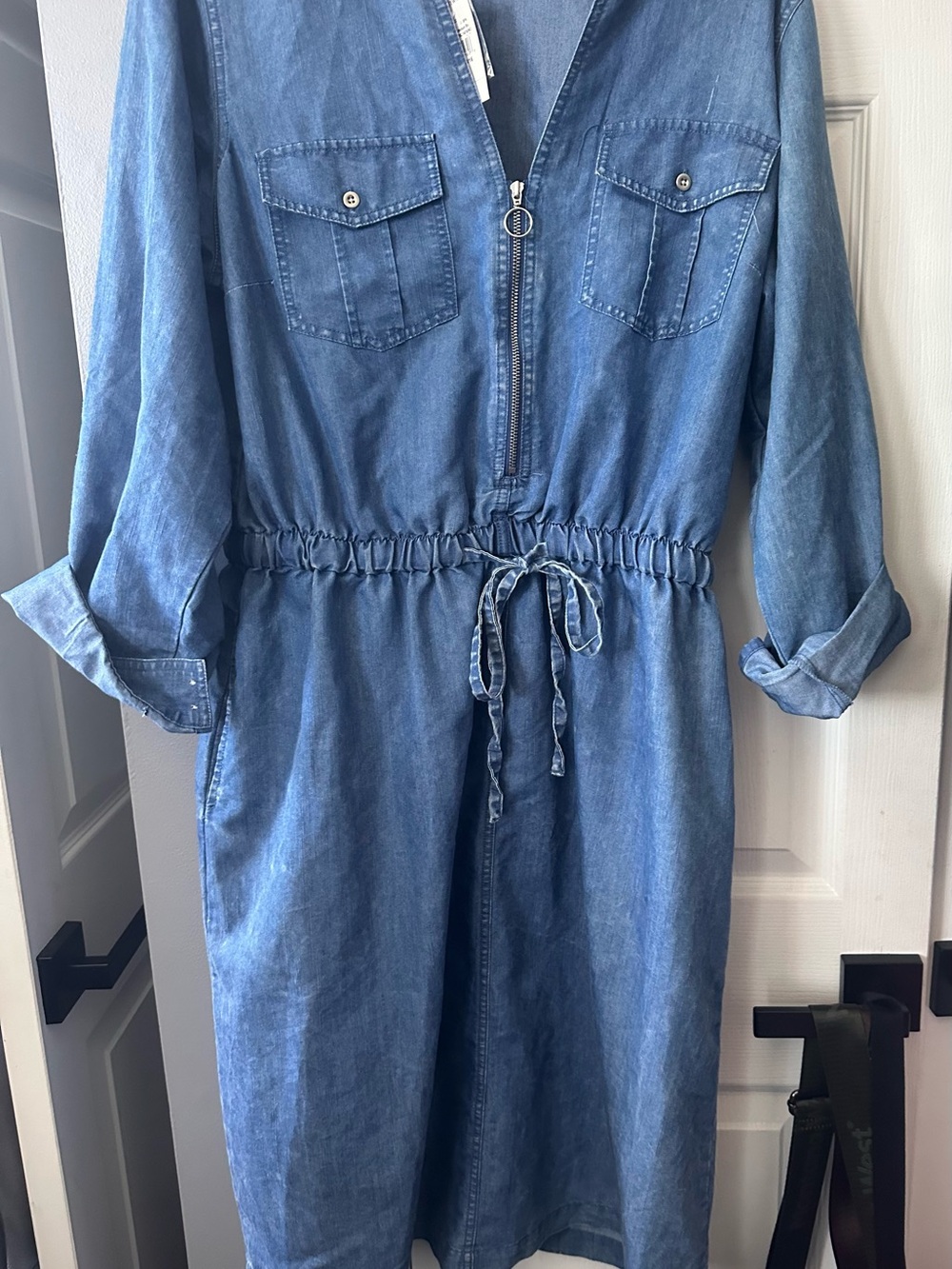 Ashley Stewart Chambray Drawstring Long Sleeve Midi Dress - Denim Blue